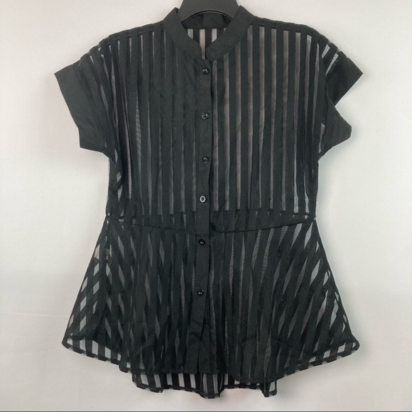 Black sheer short sleeve button down blouse oversized - Picture 1 of 5